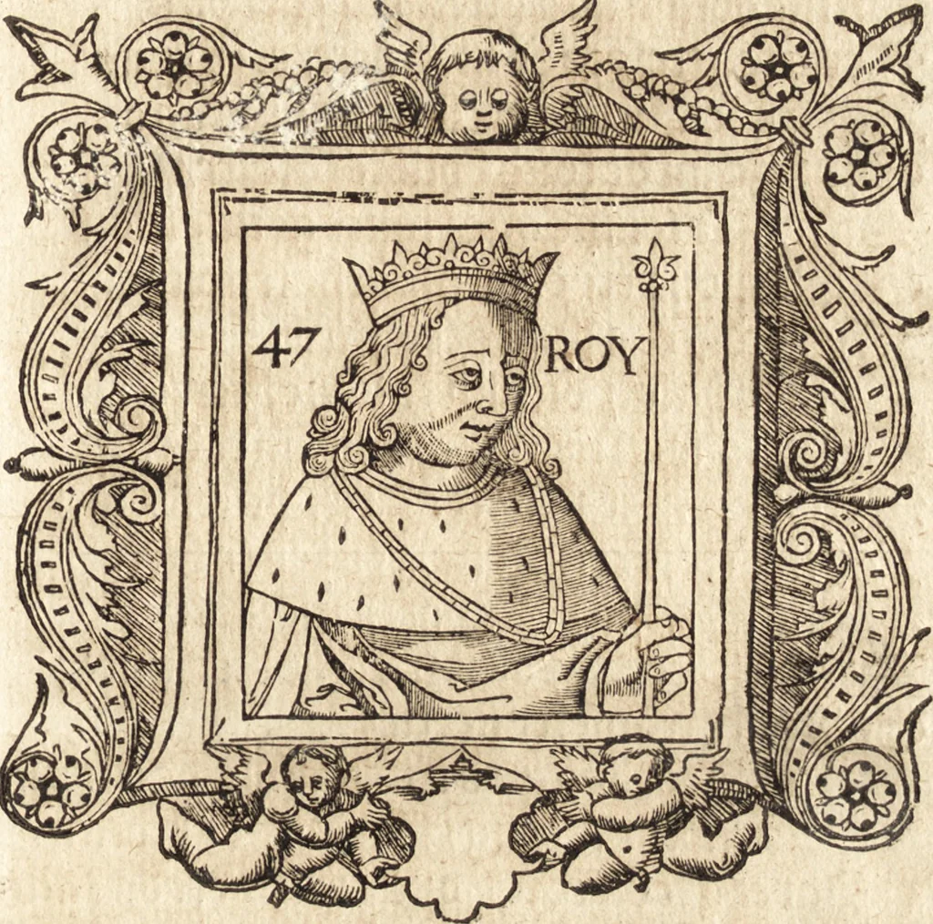 An illustration from Les anciennes et modernes genealogies des roys de France et mesment du roy Pharamond : auec leurs epitaphes et effigies .., 1527, leaf 288