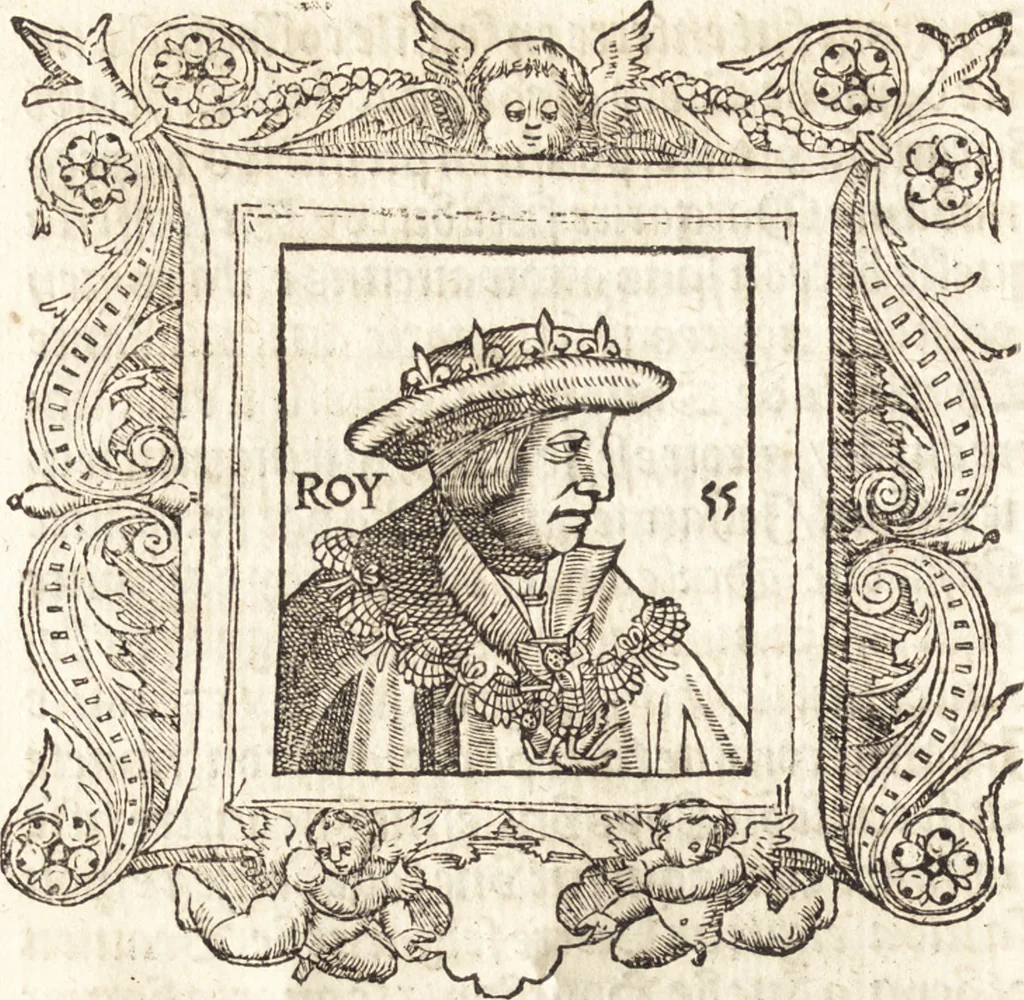 An illustration from Les anciennes et modernes genealogies des roys de France et mesment du roy Pharamond : auec leurs epitaphes et effigies .., 1527, leaf 333