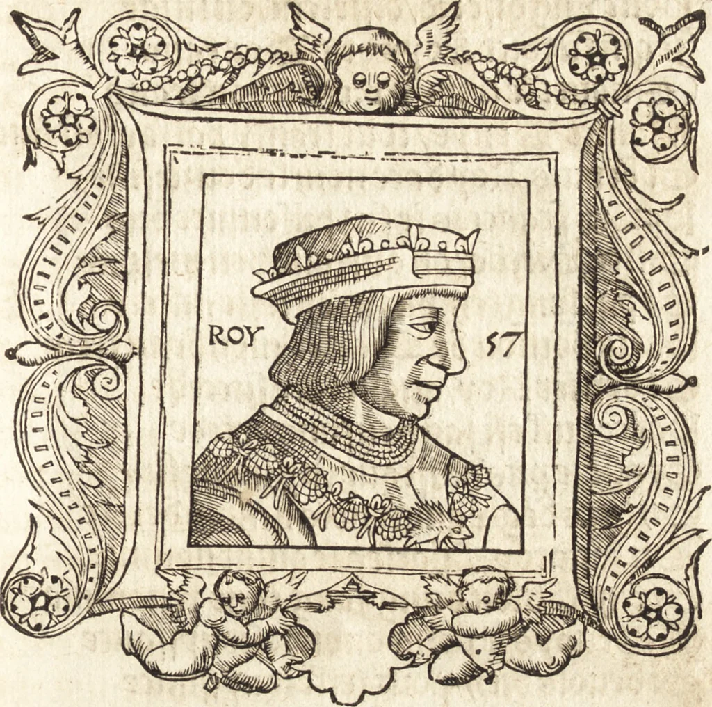 An illustration from Les anciennes et modernes genealogies des roys de France et mesment du roy Pharamond : auec leurs epitaphes et effigies .., 1527, leaf 346