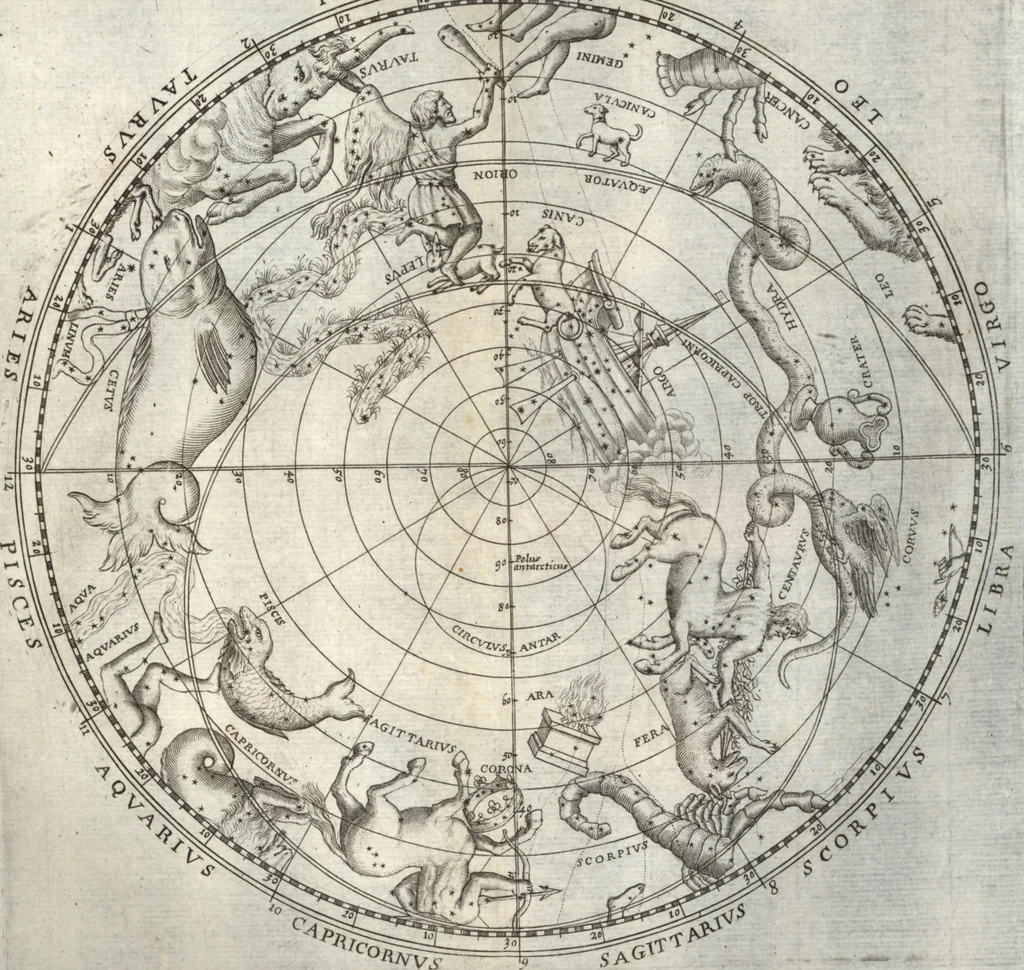 An illustration from Aratou Soleōs Phainomena kai Diosēmeia. Theōnos scholia. Eratosthenous katasterismoi. Metron tēs gēs Peripherias. Tou kyvou diplasiasmos. Koskinon. Tou Neilou pēgai. Tou kanonos tomē Dionysiou hymnoi, 1672, leaf 138