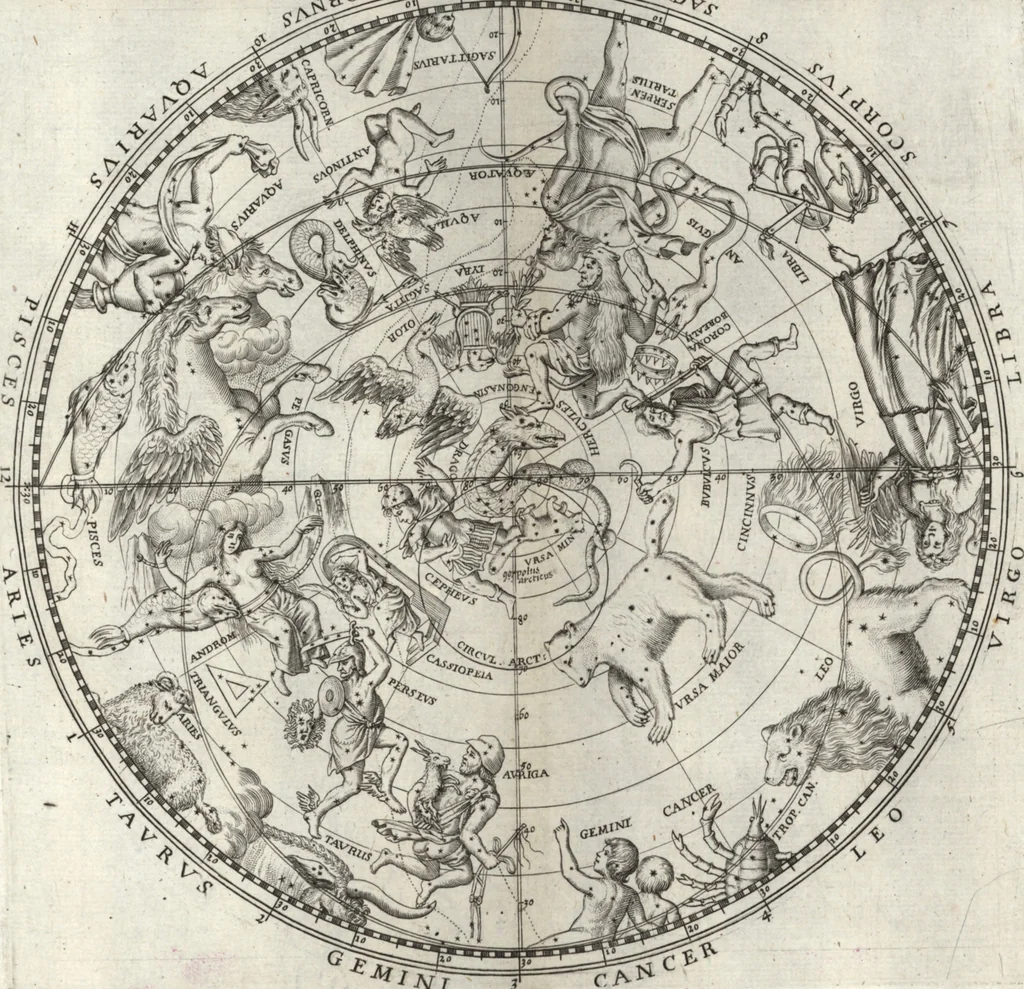 An illustration from Aratou Soleōs Phainomena kai Diosēmeia. Theōnos scholia. Eratosthenous katasterismoi. Metron tēs gēs Peripherias. Tou kyvou diplasiasmos. Koskinon. Tou Neilou pēgai. Tou kanonos tomē Dionysiou hymnoi, 1672, leaf 70