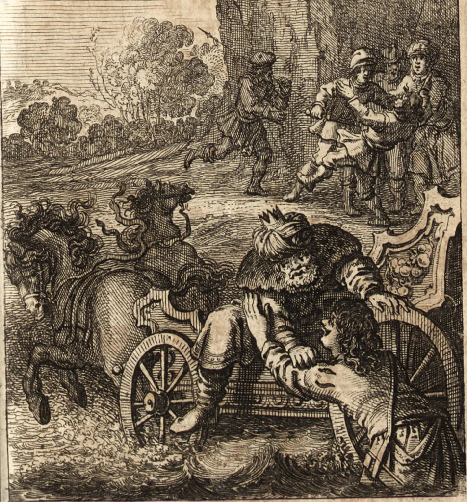 An illustration from d' Argenis van J. Barklai : daar in niet alleenlijk veel vreemde voorvallen van gebeurlijke dingen, maar bezonderlijk vortreffelijke zaken, die de godsdienst, de bestiering van staten, beleit van oorlogen, en de burgerlijke handel aangaan, vertoont worden : beneffens de sleutel en aanwijzing van de namen der personen, die men daar by verstaan kan, 1680, leaf 176