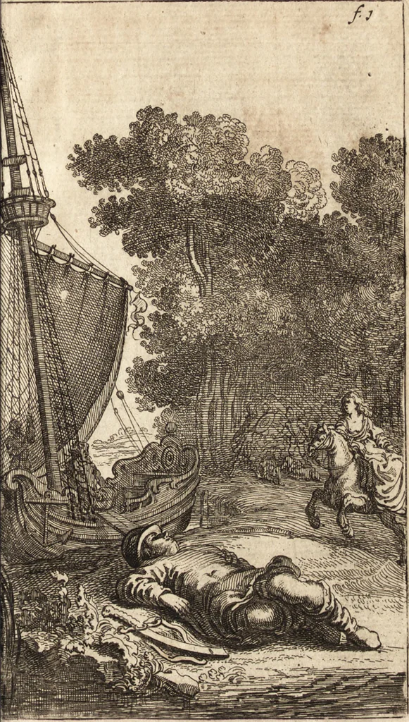 An illustration from d' Argenis van J. Barklai : daar in niet alleenlijk veel vreemde voorvallen van gebeurlijke dingen, maar bezonderlijk vortreffelijke zaken, die de godsdienst, de bestiering van staten, beleit van oorlogen, en de burgerlijke handel aangaan, vertoont worden : beneffens de sleutel en aanwijzing van de namen der personen, die men daar by verstaan kan, 1680, leaf 18