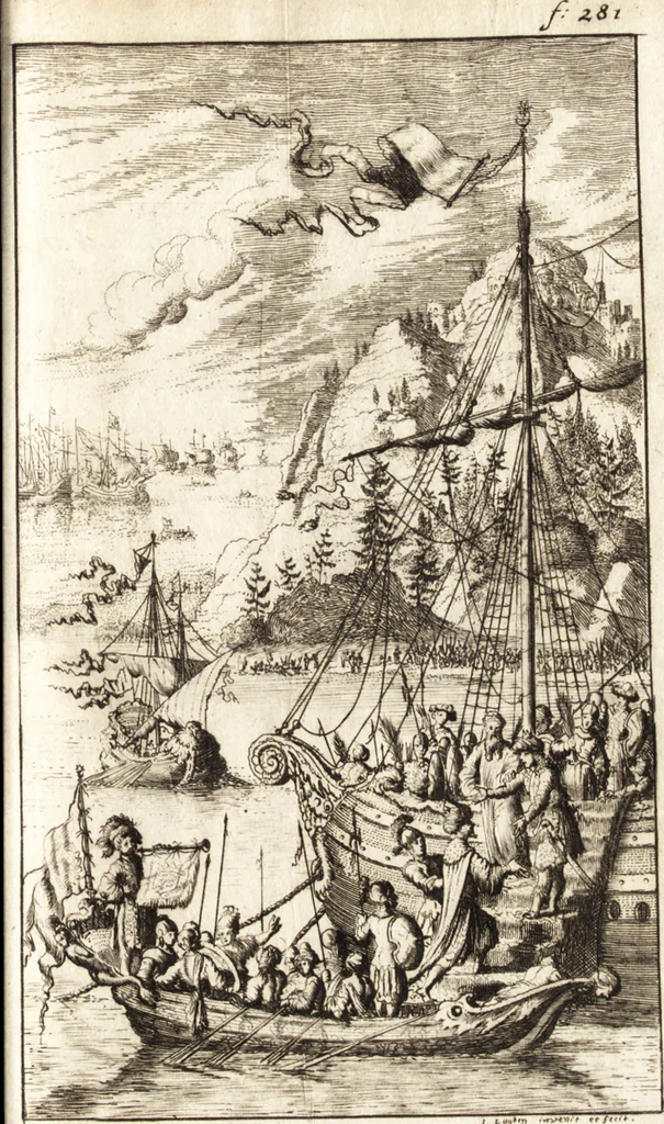 An illustration from d' Argenis van J. Barklai : daar in niet alleenlijk veel vreemde voorvallen van gebeurlijke dingen, maar bezonderlijk vortreffelijke zaken, die de godsdienst, de bestiering van staten, beleit van oorlogen, en de burgerlijke handel aangaan, vertoont worden : beneffens de sleutel en aanwijzing van de namen der personen, die men daar by verstaan kan, 1680, leaf 304