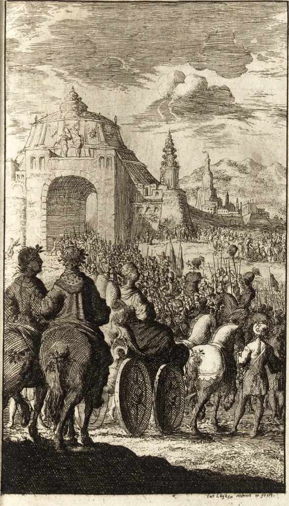 An illustration from d' Argenis van J. Barklai : daar in niet alleenlijk veel vreemde voorvallen van gebeurlijke dingen, maar bezonderlijk vortreffelijke zaken, die de godsdienst, de bestiering van staten, beleit van oorlogen, en de burgerlijke handel aangaan, vertoont worden : beneffens de sleutel en aanwijzing van de namen der personen, die men daar by verstaan kan, 1680, leaf 350