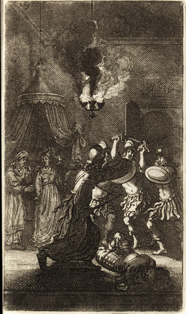 An illustration from d' Argenis van J. Barklai : daar in niet alleenlijk veel vreemde voorvallen van gebeurlijke dingen, maar bezonderlijk vortreffelijke zaken, die de godsdienst, de bestiering van staten, beleit van oorlogen, en de burgerlijke handel aangaan, vertoont worden : beneffens de sleutel en aanwijzing van de namen der personen, die men daar by verstaan kan, 1680, leaf 416