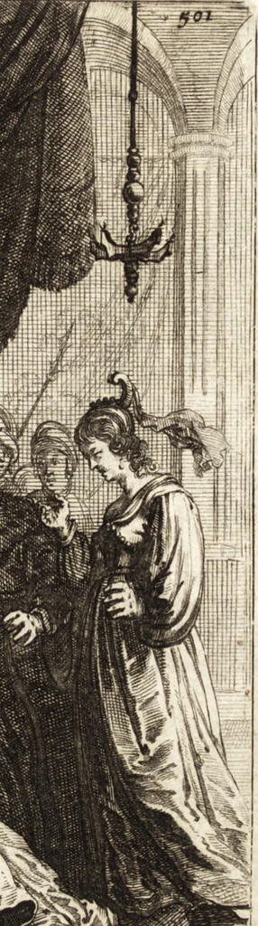 An illustration from d' Argenis van J. Barklai : daar in niet alleenlijk veel vreemde voorvallen van gebeurlijke dingen, maar bezonderlijk vortreffelijke zaken, die de godsdienst, de bestiering van staten, beleit van oorlogen, en de burgerlijke handel aangaan, vertoont worden : beneffens de sleutel en aanwijzing van de namen der personen, die men daar by verstaan kan, 1680, leaf 532