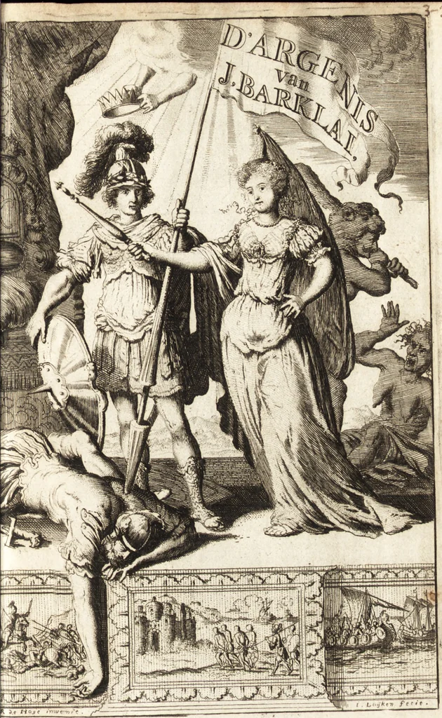 An illustration from d' Argenis van J. Barklai : daar in niet alleenlijk veel vreemde voorvallen van gebeurlijke dingen, maar bezonderlijk vortreffelijke zaken, die de godsdienst, de bestiering van staten, beleit van oorlogen, en de burgerlijke handel aangaan, vertoont worden : beneffens de sleutel en aanwijzing van de namen der personen, die men daar by verstaan kan, 1680, leaf 6