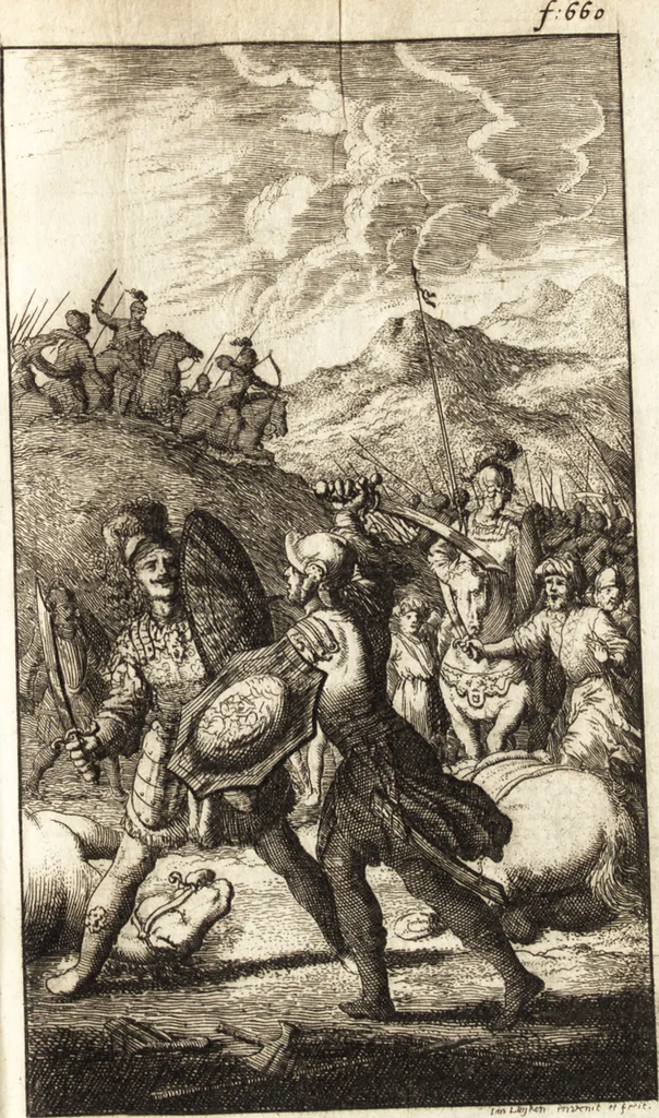An illustration from d' Argenis van J. Barklai : daar in niet alleenlijk veel vreemde voorvallen van gebeurlijke dingen, maar bezonderlijk vortreffelijke zaken, die de godsdienst, de bestiering van staten, beleit van oorlogen, en de burgerlijke handel aangaan, vertoont worden : beneffens de sleutel en aanwijzing van de namen der personen, die men daar by verstaan kan, 1680, leaf 694