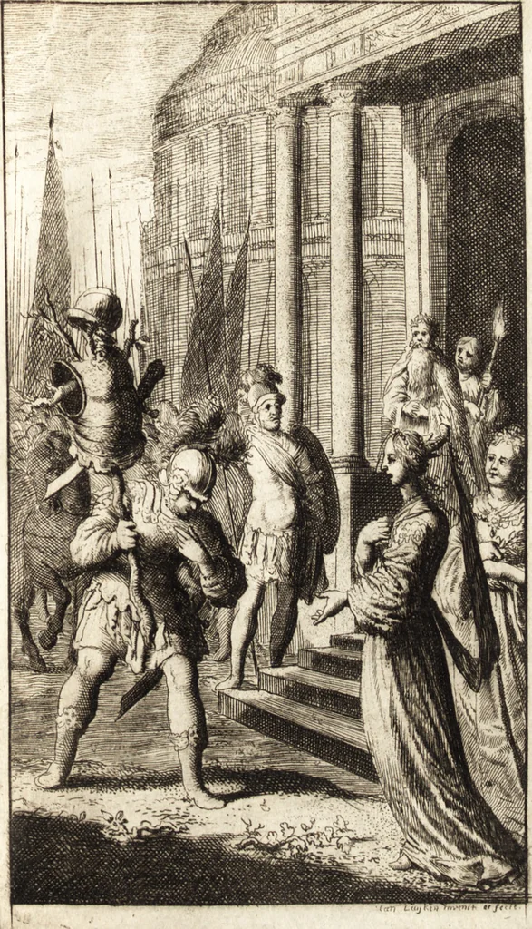 An illustration from d' Argenis van J. Barklai : daar in niet alleenlijk veel vreemde voorvallen van gebeurlijke dingen, maar bezonderlijk vortreffelijke zaken, die de godsdienst, de bestiering van staten, beleit van oorlogen, en de burgerlijke handel aangaan, vertoont worden : beneffens de sleutel en aanwijzing van de namen der personen, die men daar by verstaan kan, 1680, leaf 700