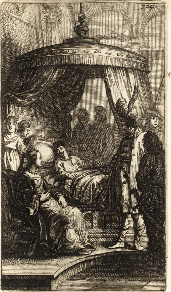 An illustration from d' Argenis van J. Barklai : daar in niet alleenlijk veel vreemde voorvallen van gebeurlijke dingen, maar bezonderlijk vortreffelijke zaken, die de godsdienst, de bestiering van staten, beleit van oorlogen, en de burgerlijke handel aangaan, vertoont worden : beneffens de sleutel en aanwijzing van de namen der personen, die men daar by verstaan kan, 1680, leaf 762
