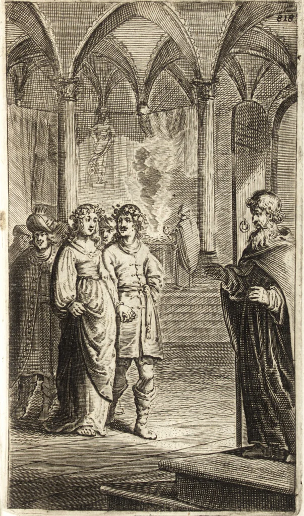 An illustration from d' Argenis van J. Barklai : daar in niet alleenlijk veel vreemde voorvallen van gebeurlijke dingen, maar bezonderlijk vortreffelijke zaken, die de godsdienst, de bestiering van staten, beleit van oorlogen, en de burgerlijke handel aangaan, vertoont worden : beneffens de sleutel en aanwijzing van de namen der personen, die men daar by verstaan kan, 1680, leaf 858