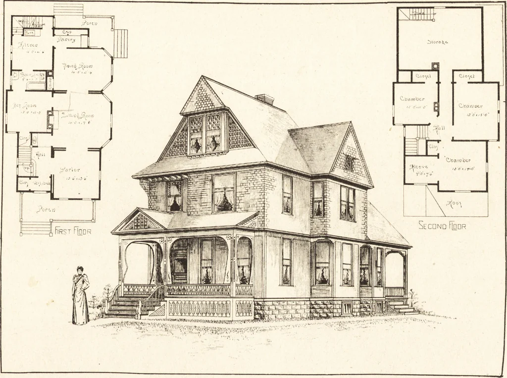 An illustration from Artistic dwellings : giving views, floor plans and estimates of cost of many house and cottage designs, costing from $600 up, designed and selected with especial reference to economy in building and convenience of arrangement, 1893, leaf 100