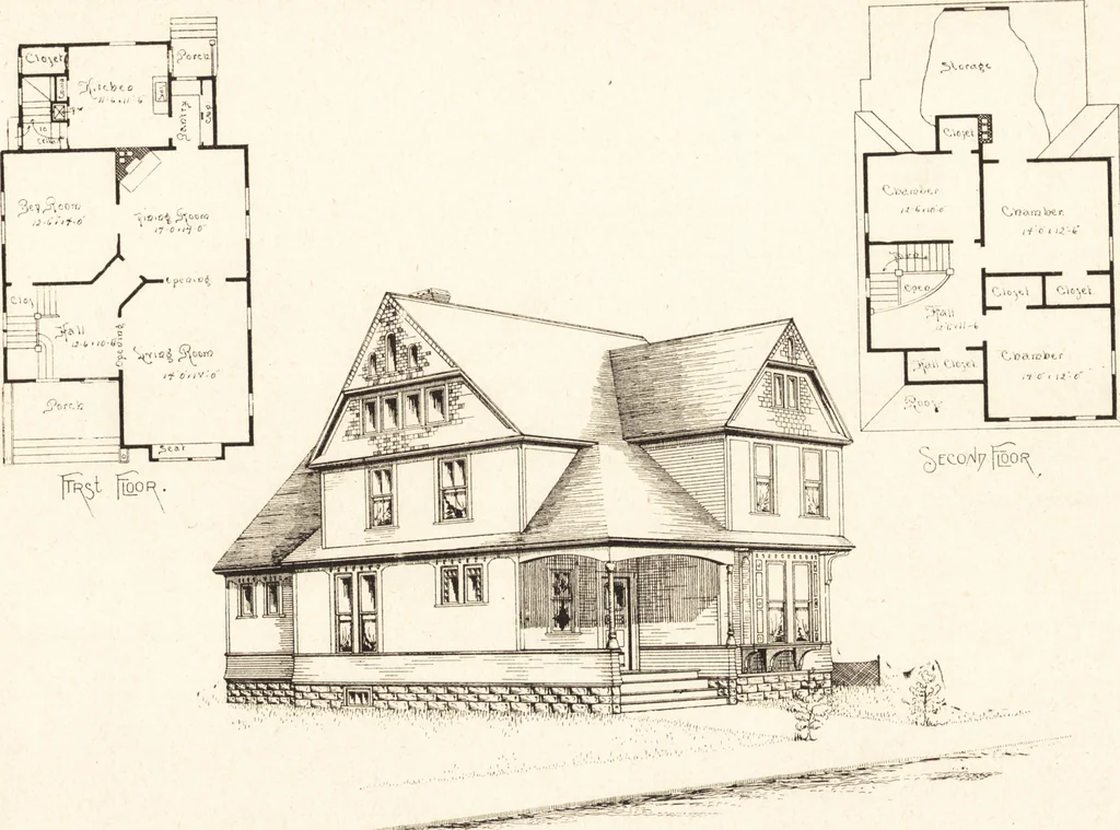 An illustration from Artistic dwellings : giving views, floor plans and estimates of cost of many house and cottage designs, costing from $600 up, designed and selected with especial reference to economy in building and convenience of arrangement, 1893, leaf 102
