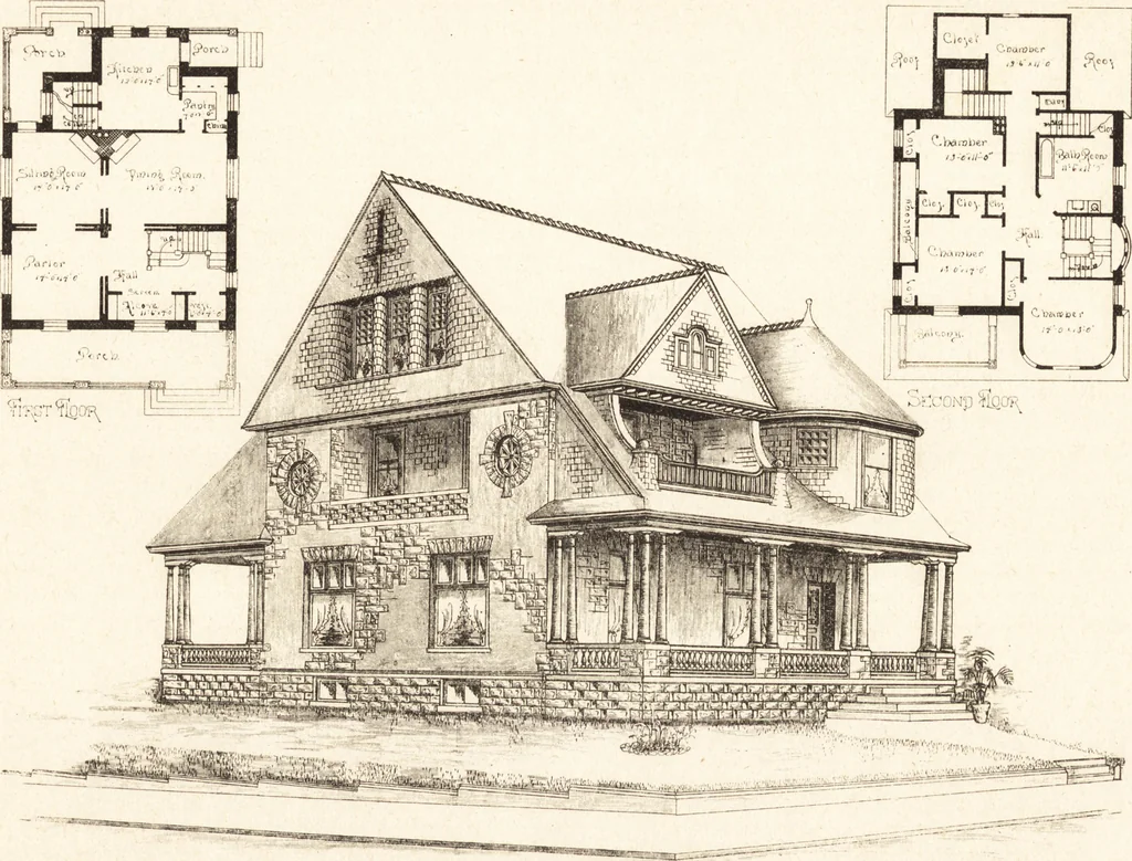 An illustration from Artistic dwellings : giving views, floor plans and estimates of cost of many house and cottage designs, costing from $600 up, designed and selected with especial reference to economy in building and convenience of arrangement, 1893, leaf 104