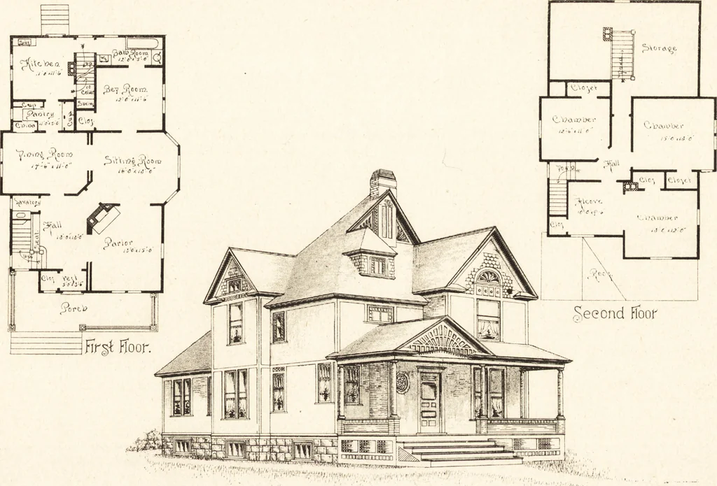 An illustration from Artistic dwellings : giving views, floor plans and estimates of cost of many house and cottage designs, costing from $600 up, designed and selected with especial reference to economy in building and convenience of arrangement, 1893, leaf 106