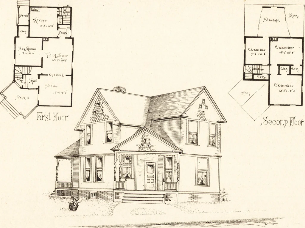 An illustration from Artistic dwellings : giving views, floor plans and estimates of cost of many house and cottage designs, costing from $600 up, designed and selected with especial reference to economy in building and convenience of arrangement, 1893, leaf 108