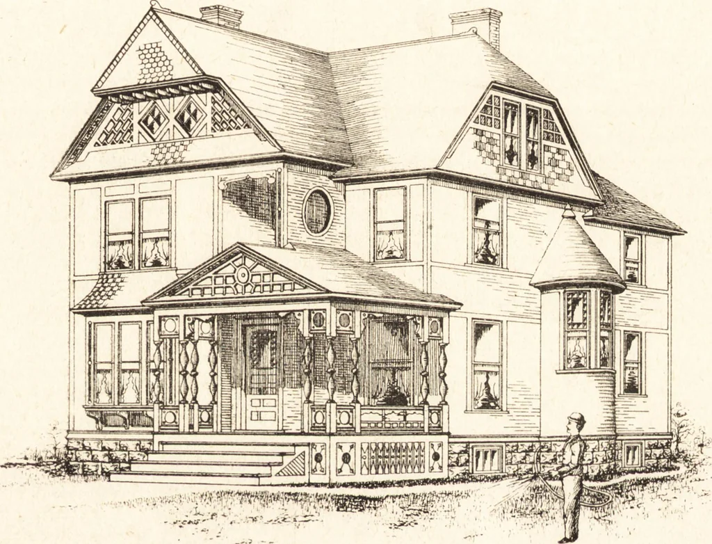 An illustration from Artistic dwellings : giving views, floor plans and estimates of cost of many house and cottage designs, costing from $600 up, designed and selected with especial reference to economy in building and convenience of arrangement, 1893, leaf 110