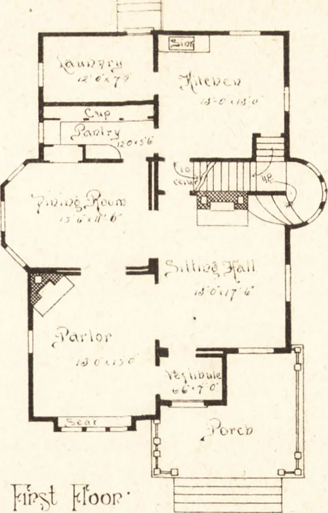 An illustration from Artistic dwellings : giving views, floor plans and estimates of cost of many house and cottage designs, costing from $600 up, designed and selected with especial reference to economy in building and convenience of arrangement, 1893, leaf 110