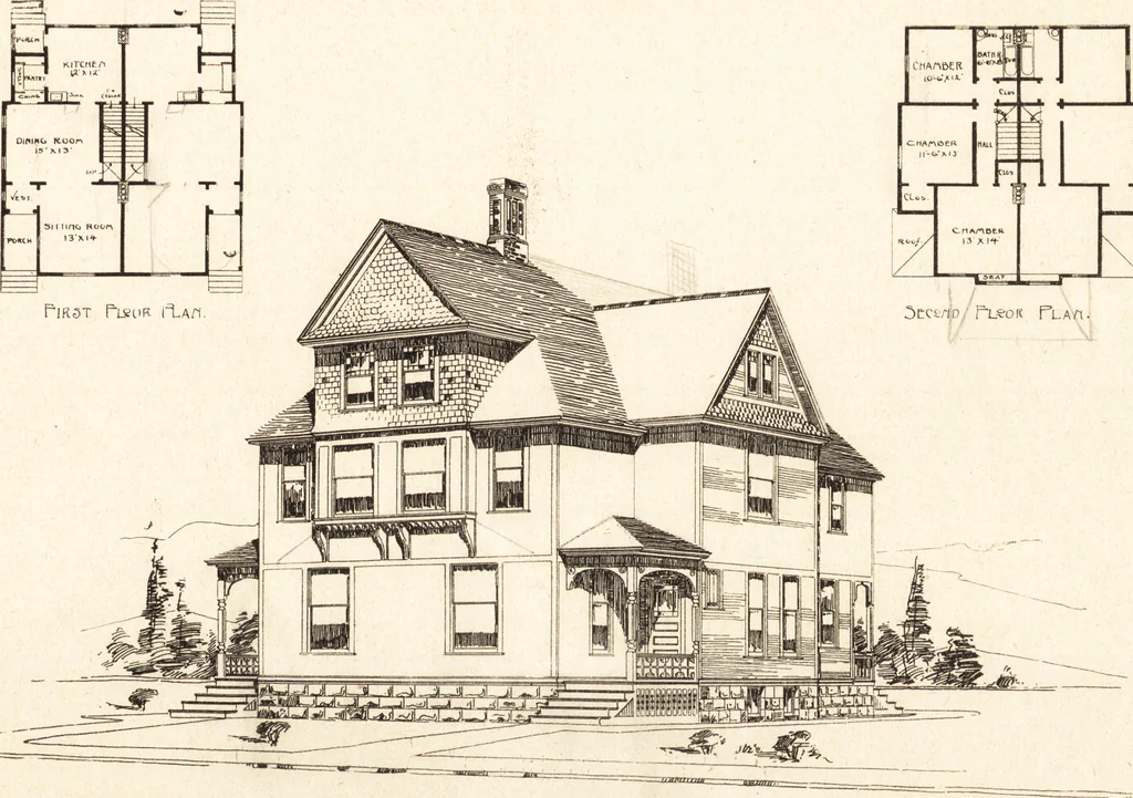 An illustration from Artistic dwellings : giving views, floor plans and estimates of cost of many house and cottage designs, costing from $600 up, designed and selected with especial reference to economy in building and convenience of arrangement, 1893, leaf 124