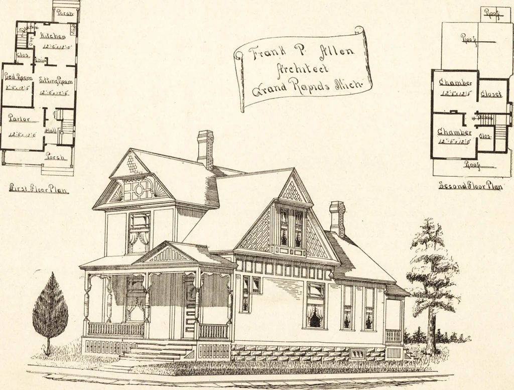 An illustration from Artistic dwellings : giving views, floor plans and estimates of cost of many house and cottage designs, costing from $600 up, designed and selected with especial reference to economy in building and convenience of arrangement, 1893, leaf 14