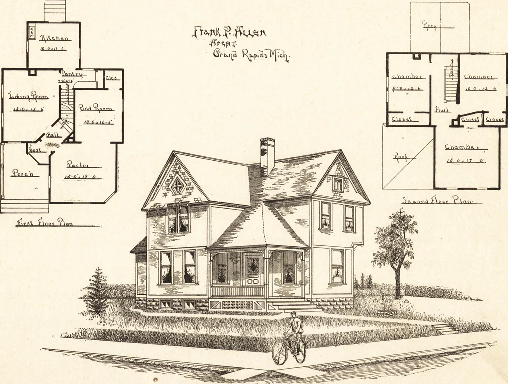 An illustration from Artistic dwellings : giving views, floor plans and estimates of cost of many house and cottage designs, costing from $600 up, designed and selected with especial reference to economy in building and convenience of arrangement, 1893, leaf 16
