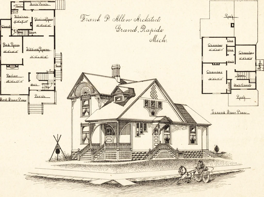 An illustration from Artistic dwellings : giving views, floor plans and estimates of cost of many house and cottage designs, costing from $600 up, designed and selected with especial reference to economy in building and convenience of arrangement, 1893, leaf 18