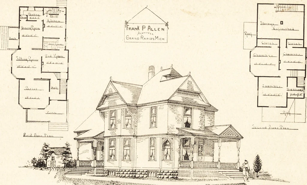 An illustration from Artistic dwellings : giving views, floor plans and estimates of cost of many house and cottage designs, costing from $600 up, designed and selected with especial reference to economy in building and convenience of arrangement, 1893, leaf 20