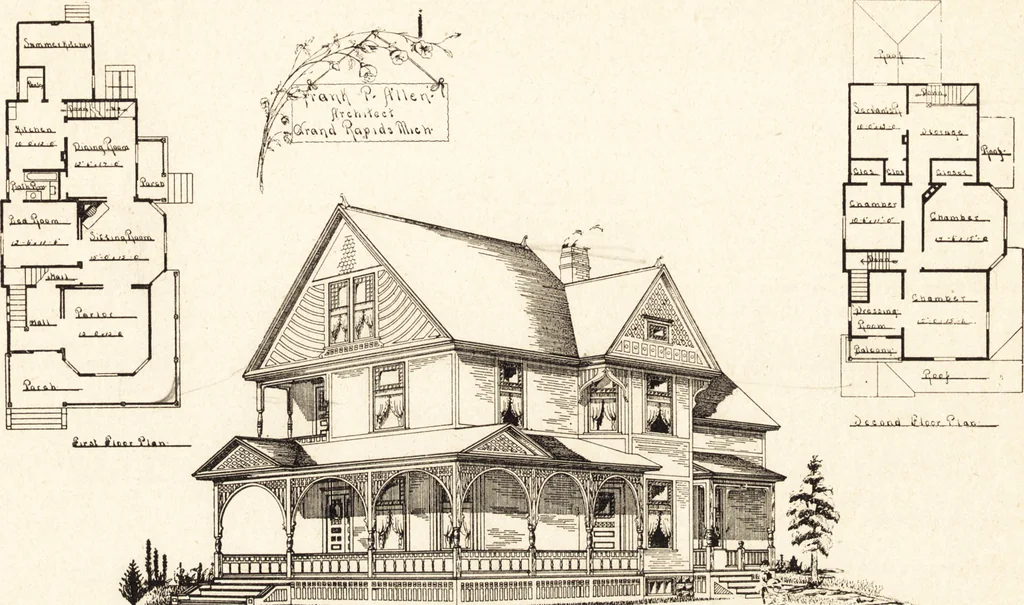 An illustration from Artistic dwellings : giving views, floor plans and estimates of cost of many house and cottage designs, costing from $600 up, designed and selected with especial reference to economy in building and convenience of arrangement, 1893, leaf 22
