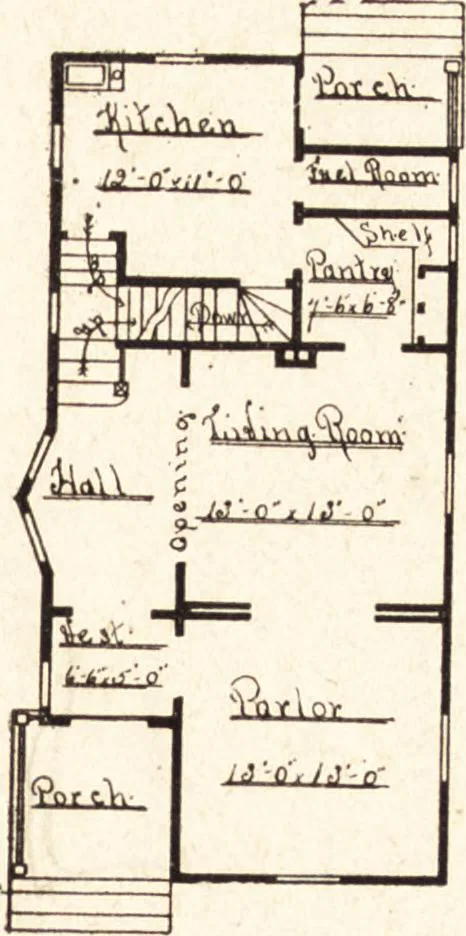 An illustration from Artistic dwellings : giving views, floor plans and estimates of cost of many house and cottage designs, costing from $600 up, designed and selected with especial reference to economy in building and convenience of arrangement, 1893, leaf 26