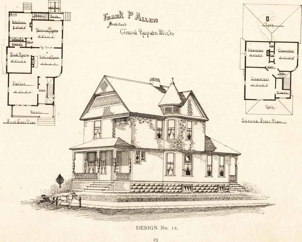 An illustration from Artistic dwellings : giving views, floor plans and estimates of cost of many house and cottage designs, costing from $600 up, designed and selected with especial reference to economy in building and convenience of arrangement, 1893, leaf 28