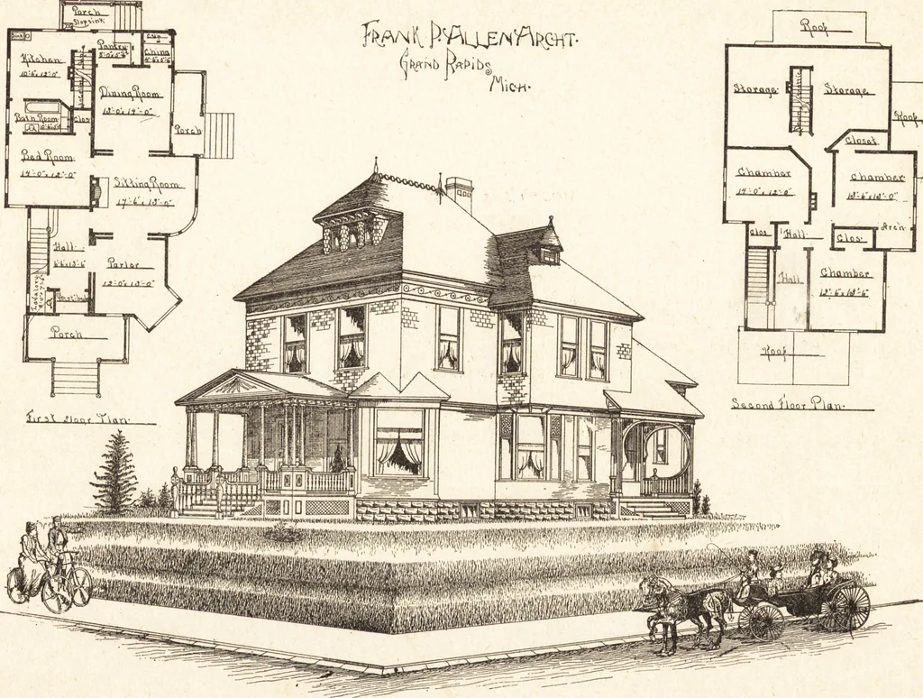 An illustration from Artistic dwellings : giving views, floor plans and estimates of cost of many house and cottage designs, costing from $600 up, designed and selected with especial reference to economy in building and convenience of arrangement, 1893, leaf 30