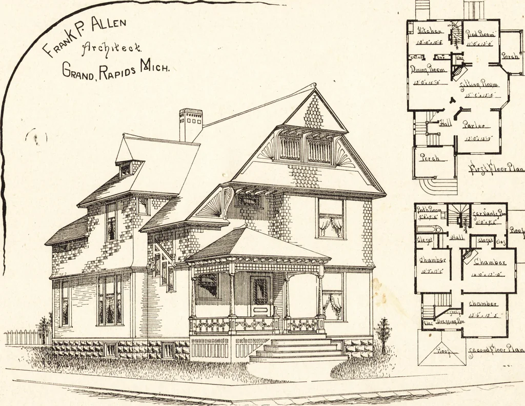 An illustration from Artistic dwellings : giving views, floor plans and estimates of cost of many house and cottage designs, costing from $600 up, designed and selected with especial reference to economy in building and convenience of arrangement, 1893, leaf 32
