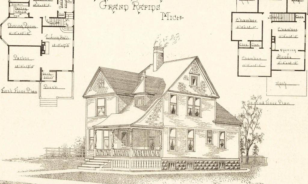 An illustration from Artistic dwellings : giving views, floor plans and estimates of cost of many house and cottage designs, costing from $600 up, designed and selected with especial reference to economy in building and convenience of arrangement, 1893, leaf 34