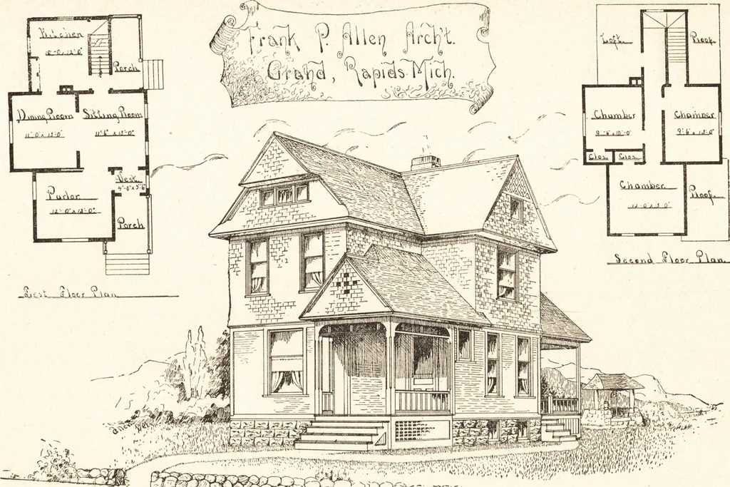 An illustration from Artistic dwellings : giving views, floor plans and estimates of cost of many house and cottage designs, costing from $600 up, designed and selected with especial reference to economy in building and convenience of arrangement, 1893, leaf 36