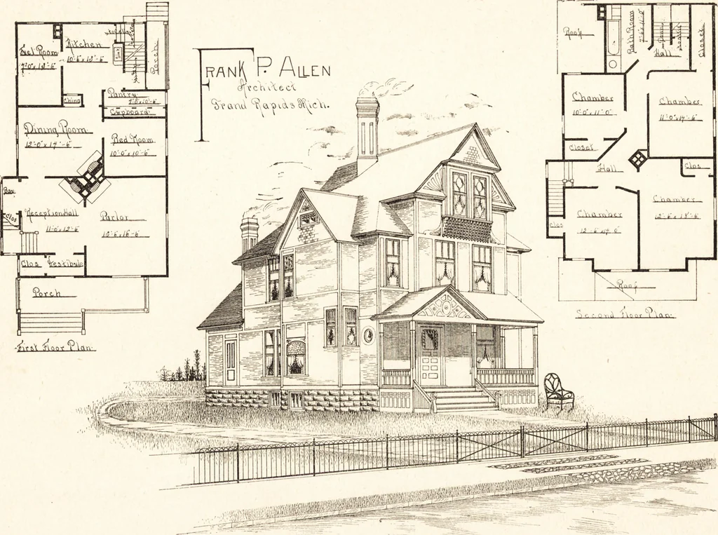 An illustration from Artistic dwellings : giving views, floor plans and estimates of cost of many house and cottage designs, costing from $600 up, designed and selected with especial reference to economy in building and convenience of arrangement, 1893, leaf 42