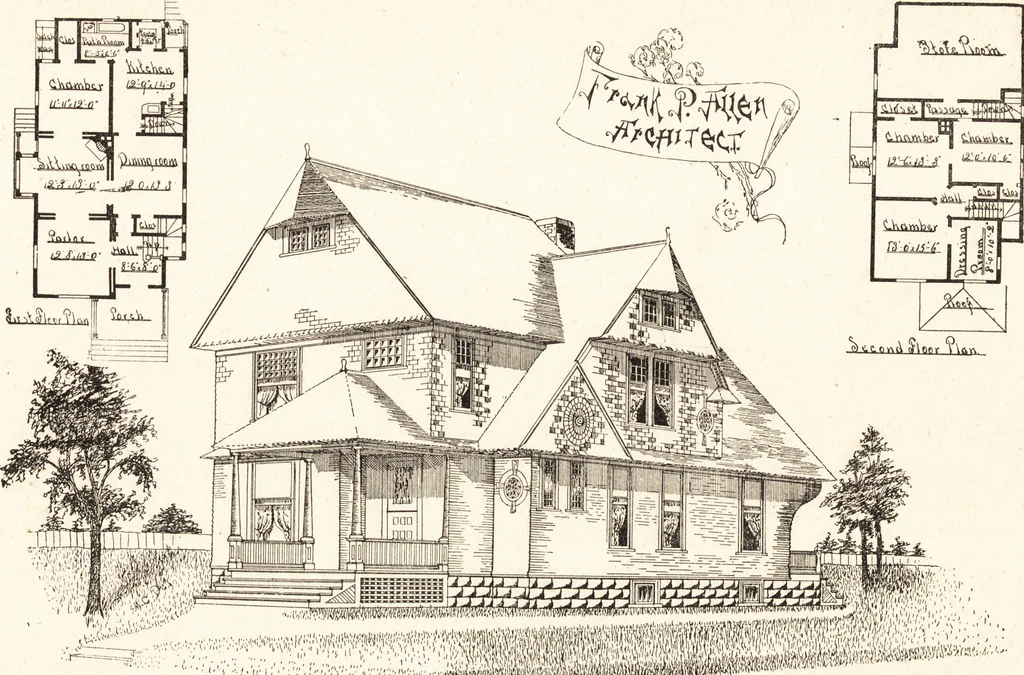 An illustration from Artistic dwellings : giving views, floor plans and estimates of cost of many house and cottage designs, costing from $600 up, designed and selected with especial reference to economy in building and convenience of arrangement, 1893, leaf 44