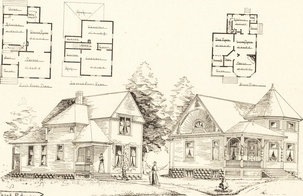 An illustration from Artistic dwellings : giving views, floor plans and estimates of cost of many house and cottage designs, costing from $600 up, designed and selected with especial reference to economy in building and convenience of arrangement, 1893, leaf 46