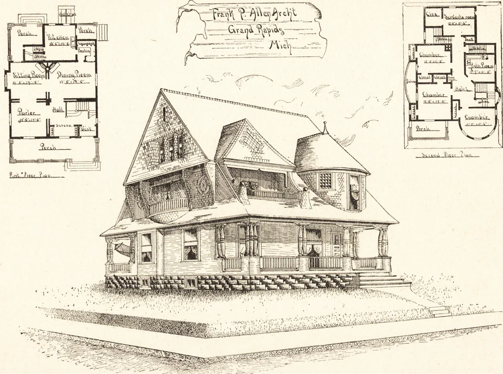 An illustration from Artistic dwellings : giving views, floor plans and estimates of cost of many house and cottage designs, costing from $600 up, designed and selected with especial reference to economy in building and convenience of arrangement, 1893, leaf 48