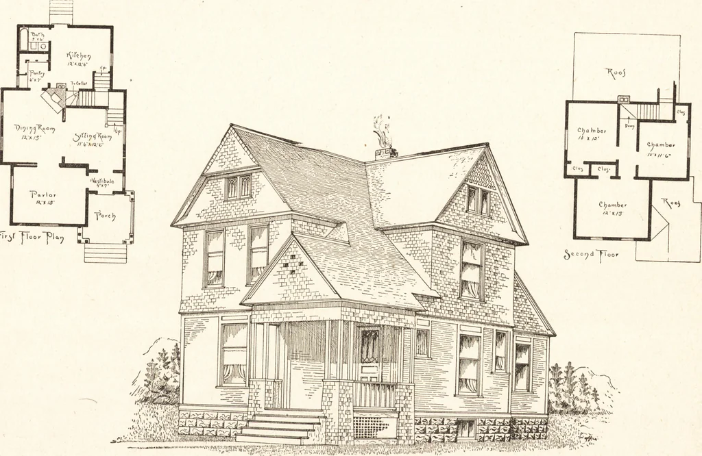 An illustration from Artistic dwellings : giving views, floor plans and estimates of cost of many house and cottage designs, costing from $600 up, designed and selected with especial reference to economy in building and convenience of arrangement, 1893, leaf 50