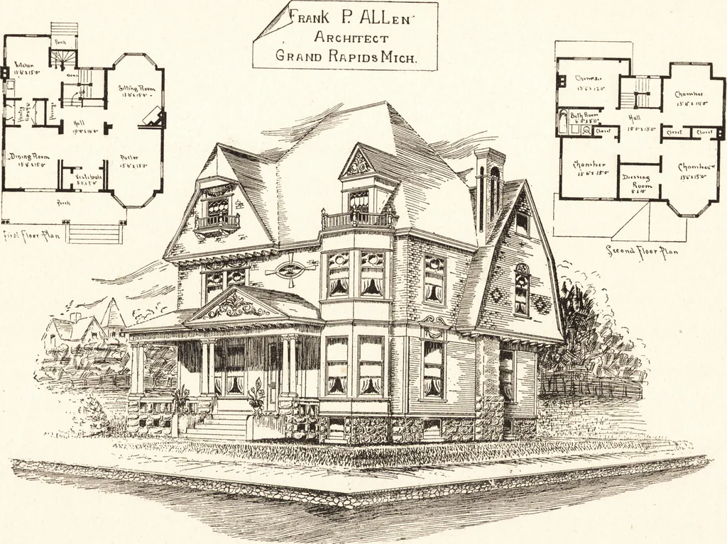 An illustration from Artistic dwellings : giving views, floor plans and estimates of cost of many house and cottage designs, costing from $600 up, designed and selected with especial reference to economy in building and convenience of arrangement, 1893, leaf 52