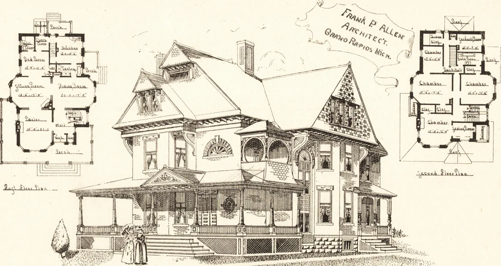 An illustration from Artistic dwellings : giving views, floor plans and estimates of cost of many house and cottage designs, costing from $600 up, designed and selected with especial reference to economy in building and convenience of arrangement, 1893, leaf 60