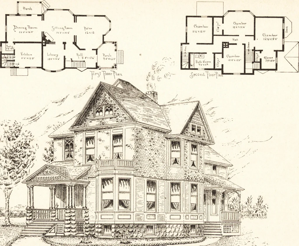An illustration from Artistic dwellings : giving views, floor plans and estimates of cost of many house and cottage designs, costing from $600 up, designed and selected with especial reference to economy in building and convenience of arrangement, 1893, leaf 62