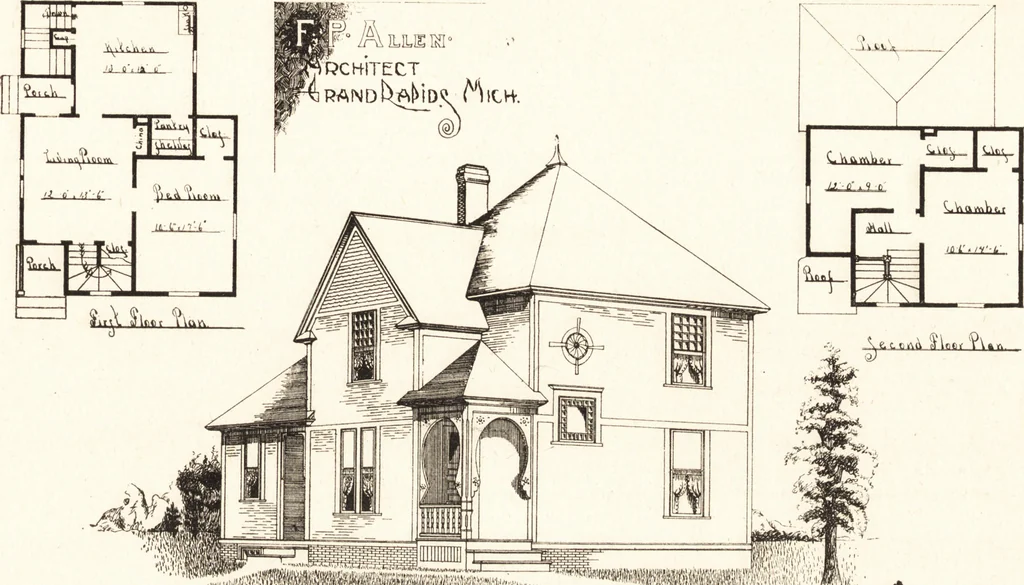 An illustration from Artistic dwellings : giving views, floor plans and estimates of cost of many house and cottage designs, costing from $600 up, designed and selected with especial reference to economy in building and convenience of arrangement, 1893, leaf 64