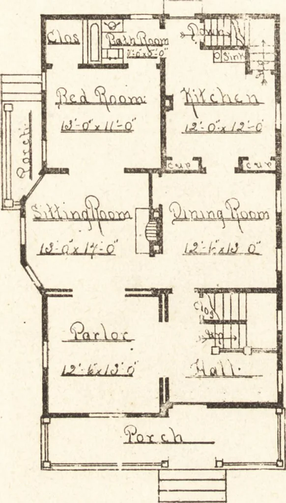 An illustration from Artistic dwellings : giving views, floor plans and estimates of cost of many house and cottage designs, costing from $600 up, designed and selected with especial reference to economy in building and convenience of arrangement, 1893, leaf 73