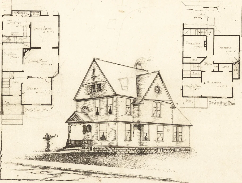 An illustration from Artistic dwellings : giving views, floor plans and estimates of cost of many house and cottage designs, costing from $600 up, designed and selected with especial reference to economy in building and convenience of arrangement, 1893, leaf 80