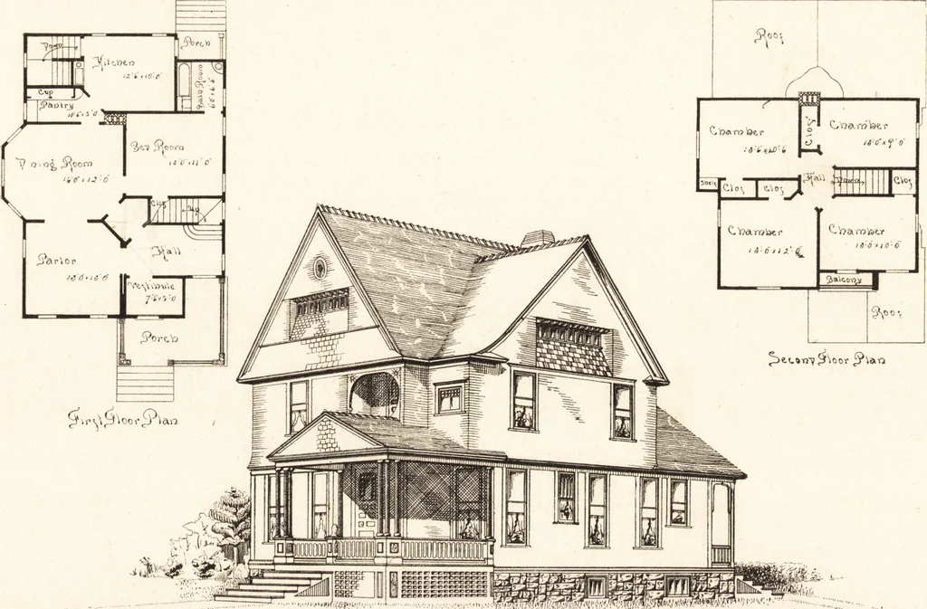 An illustration from Artistic dwellings : giving views, floor plans and estimates of cost of many house and cottage designs, costing from $600 up, designed and selected with especial reference to economy in building and convenience of arrangement, 1893, leaf 82