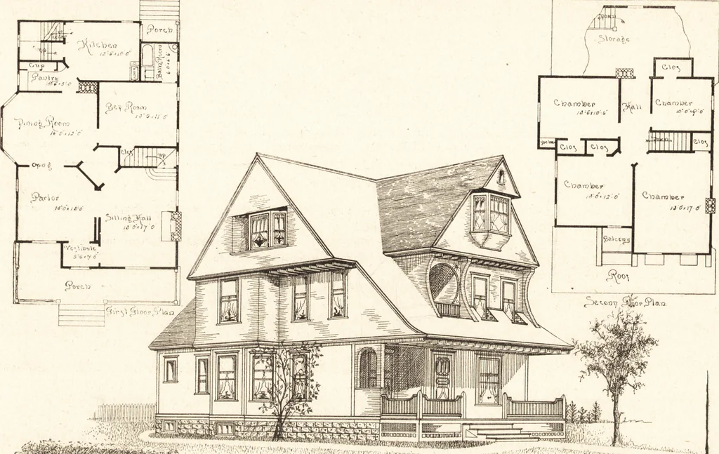 An illustration from Artistic dwellings : giving views, floor plans and estimates of cost of many house and cottage designs, costing from $600 up, designed and selected with especial reference to economy in building and convenience of arrangement, 1893, leaf 84