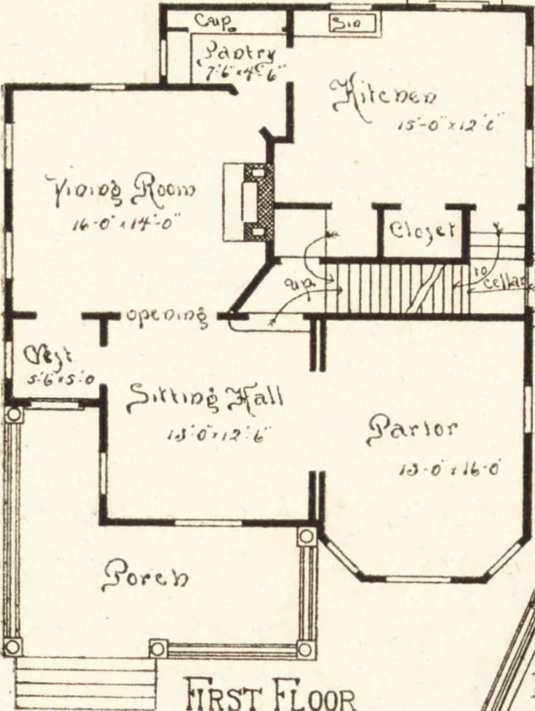 An illustration from Artistic dwellings : giving views, floor plans and estimates of cost of many house and cottage designs, costing from $600 up, designed and selected with especial reference to economy in building and convenience of arrangement, 1893, leaf 88
