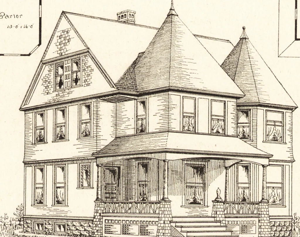 An illustration from Artistic dwellings : giving views, floor plans and estimates of cost of many house and cottage designs, costing from $600 up, designed and selected with especial reference to economy in building and convenience of arrangement, 1893, leaf 88